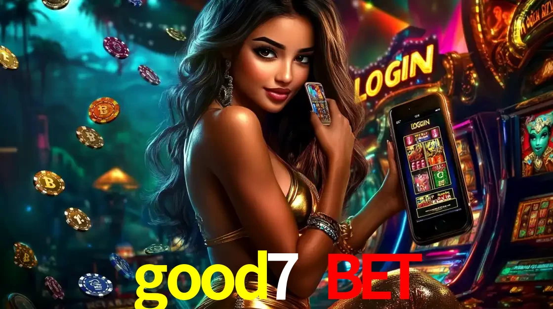 Mulher em um cenário de cassino temático de aventura, mostrando o app de caça-níqueis da good7 bet no celular. Fichas de apostas flutuam ao redor.