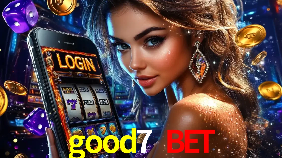 Mulher glamorosa segurando um smartphone com a tela de login para os jogos de caça-níqueis do cassino online good7 bet, com moedas de ouro e dados ao redor.
