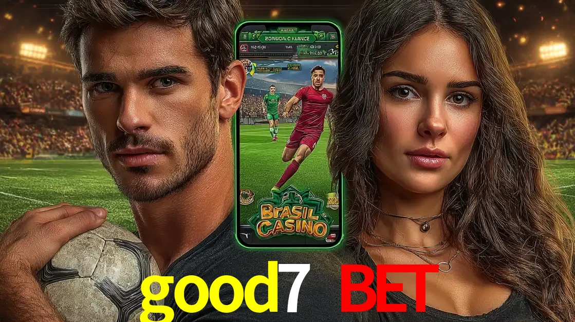 Homem segurando uma bola de futebol e uma mulher ao lado de um smartphone exibindo o jogo de apostas esportivas da good7 bet. Faça seu palpite no cassino online.